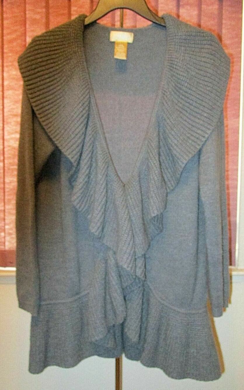 Womens Cardigan Sweater L 12-14 Gray Cottagecore Coquette Ruffles Boho Retro